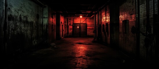 In the eerie blackness of the grungy factory interior, a tall, imposing door stood as a gateway into a night filled with Halloween fantasy. Tension and anxiety hung in the air, laced with the feeling - obrazy, fototapety, plakaty