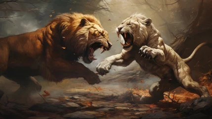 Fotobehang lion vs angry tiger background wallpaper ai generated © anis rohayati