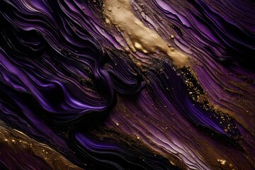 The interplay of regal purples and deep blacks, enhanced by the presence of radiant golden powder, creating an abstract masterpiece captured in stunning HD detail.