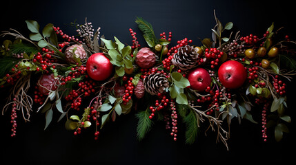 red christmas balls on black background, Lush festive garland of fir pine branches with red berries apples and evergreen foliage - obrazy, fototapety, plakaty