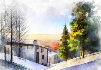 Fototapeta premium watercolor illustration of a winter atmosphere with snow covering ground and some pine trees