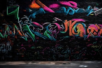 Naklejka premium A black brick wall adorned with neon graffiti, creating a mesmerizing urban scene.