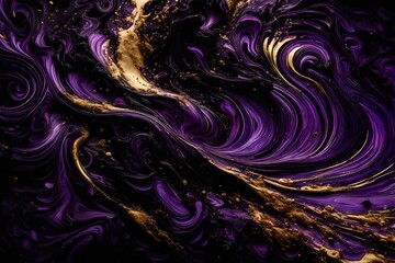 A breathtaking visual symphony of purple and black paint swirls, adorned with the lustrous brilliance of golden powder, as if immortalized through the lens of an HD camera.