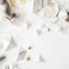 Christmas background, copy space at center, soft white color theme with ornaments and festival decoration items

