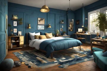 Create a cozy, 3D simple small gaming room in Indigo, gold, and SEAFOAM colors, bathed in warm, inviting light.