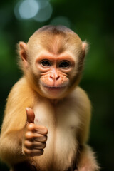 Fototapeta premium capuchin monkey doing thumbs up sign smiling to camera