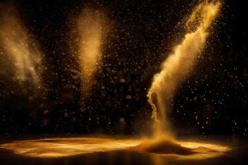 Golden powder forming a dazzling spectacle on the dark stage.
