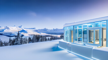 Mountain, covered with snow | Modern house with full-length glass windows | Samsung Frame Tv Art | 3840x2160