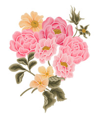 Vintage pink rose, daisy, peony flower bouquet clip art illustration design for greeting cards, wedding invitation, decoration, floral craft, feminine products, beauty label, branding elements