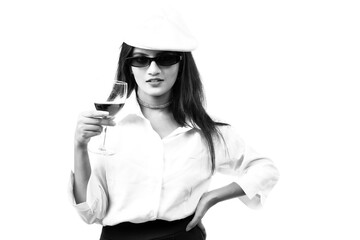 woman holding vine glass and cigar in hand wearing sunglasses and white top 