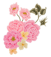 Vintage pink rose, daisy, peony flower bouquet clip art illustration design for greeting cards, wedding invitation, decoration, floral craft, feminine products, beauty label, branding elements