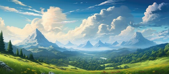 serene backdrop of a picturesque landscape, the summer sky bathed in hues of blue and green, the traveler embarked on a nature-filled adventure, surrounded by towering trees, a lush forest, and wispy