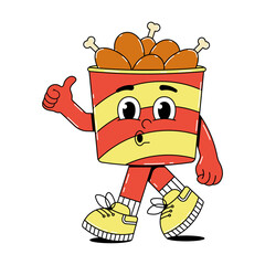 Retro groovy cartoon character fast food chicken wings bucket. Vintage mascot with psychedelic smile and emotion. Funky vector illustration