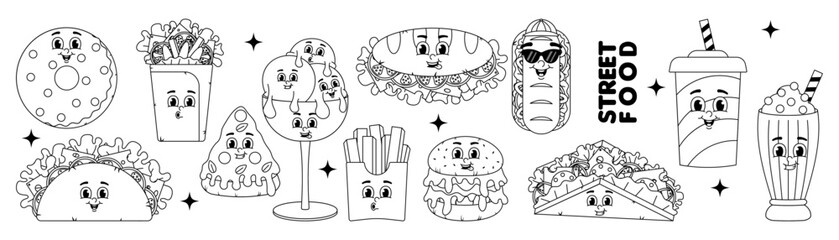 Retro groovy cartoon stickers character fast food set. Vintage mascot Hamburger, pizza, hot dog, taco and more with psychedelic smile and emotion. Black white colors. Funky vector illustration