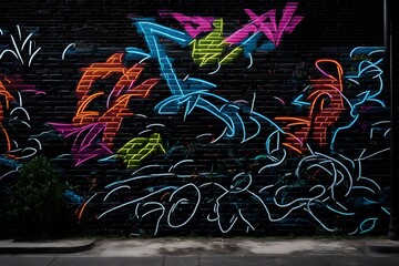 A black brick wall adorned with neon graffiti, creating a mesmerizing urban scene.