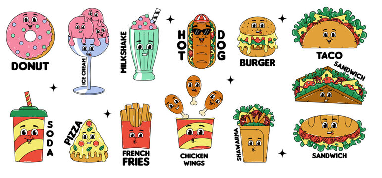 Retro groovy cartoon stickers character fast food set stickers. Vintage mascot Hamburger, pizza, hot dog, sandwich, shawarma and more with psychedelic smile and emotion. Funky vector illustration