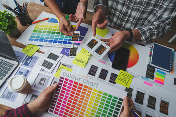 Web creative team Graphic designer planning for mobile phone choose color template draw app website...