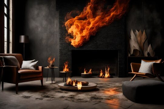 The mesmerizing dance of flames against the textured canvas of a black brick fireplace.