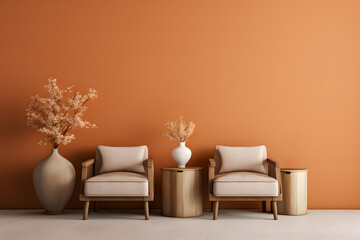 Two sofa chairs with big decorative pots against a peach color wall. Wooden chairs with ambient lighting background Interior design photography.