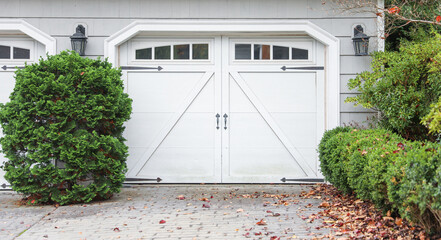 garages on a peaceful suburban street, showcasing modern living and convenience