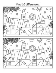 Ice palace or toy town in winter difference game and coloring page. Black and white, printable.
