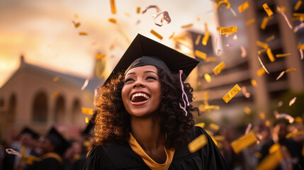 Obraz premium Happy African American girl graduating student celebrating Graduation. School graduation.