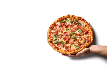 hand holding Italian pizza on white background. generative ai