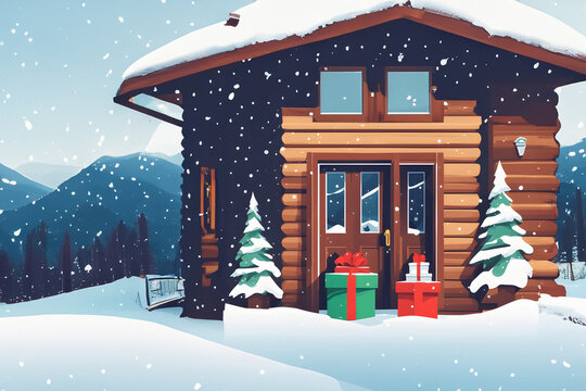 a winter country log cabin house christmas holiday season Santa gifts presents snowy home family giving seasonal holidays seasons greetings illustration invitation card party invite