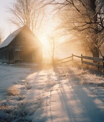 A barn in the snow with the sun shining through the trees. Generative AI.