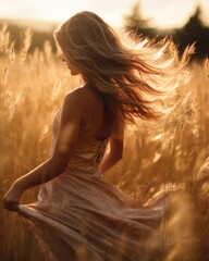 A woman in a dress is walking through a field of tall grass. Generative AI.