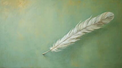 A painting of a white feather on a green background. Generative AI.