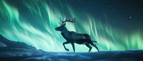 A deer is standing in front of a green aurora. Generative AI.