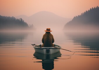 A man in a boat with a hat sitting in the middle of a lake. Generative AI. - Powered by Adobe