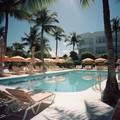 Fototapeta premium Pool with orange umbrellas. Generative AI.