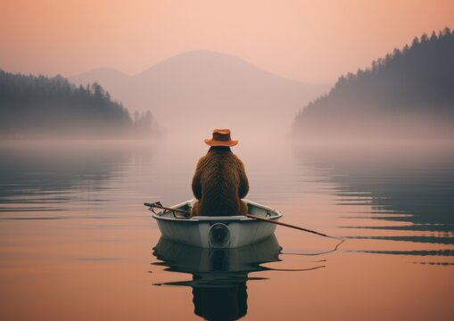 A man in a boat with a hat sitting in the middle of a lake. Generative AI.