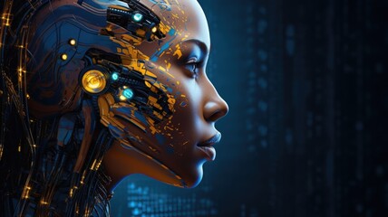 AI Artificial Intelligence concept. Woman robot face with brain of digital technology for deep learning, Machine learning and Singularity.
