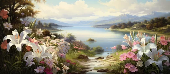 Fotobehang The vintage illustration of a summer landscape captures the beauty of nature with its floral garden, where white lilies and colorful flowers bloom against a textured background, creating a captivating © AkuAku
