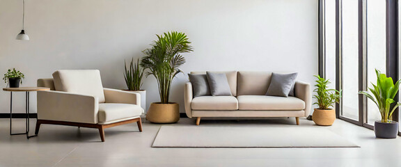 new modern living room indoor area, new modern sofa, a very small bookholder table, and an indoor plant with an isolated white wall