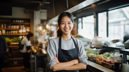 a Korean woman smiles to a camera while preparing food. generative AI