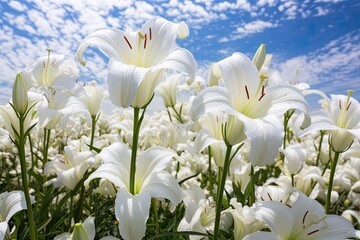 Fototapeta na wymiar Lily White Blossoms: Captivating Blooming Flower Field Design