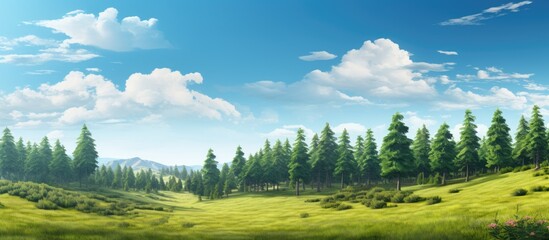 The breathtaking landscape showcased the beauty of nature with its vibrant greenery, a perfect wallpaper worthy of admiration, under the striking blue sky, while tall pine trees provided a sense of