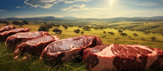 In the vast green pastures of an Australian farm, premium Wagyu and Angus cattle graze under the summer sun, preparing to yield exquisite meat for export to China and Africa. - obrazy, fototapety, plakaty