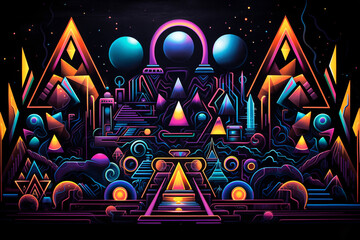 Abstract neon background with colorful geometric shapes. 