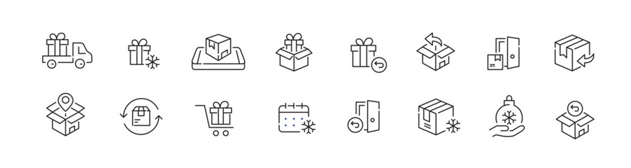 Christmas gift shipping. Parcel return, express delivery, door-to-door service. Pixel perfect, editable stroke icon