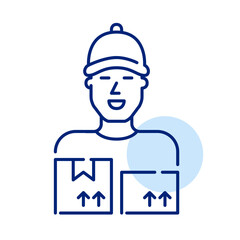Male courier wearing a baseball cap and holding multiple packages. Pixel perfect, editable stroke icon