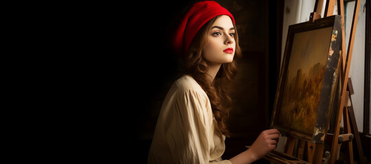 A girl artist in a red beret and smock sitting at an easel in a studio, portraying contemplative expression through impressionist portraiture with paints and canvases.