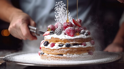 Chef cooking desserts in professional kitchen. Chef cook in a professional kitchen cooking cakes. Close up a cakes sprinkled with icing sugar - obrazy, fototapety, plakaty