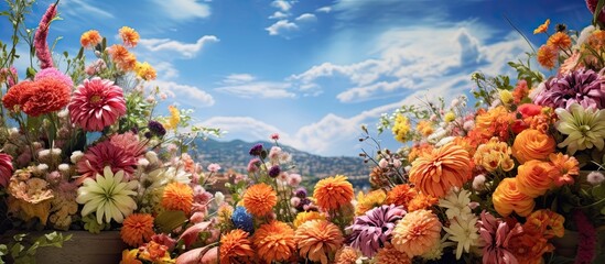 Fototapeta na wymiar The colorful floral arrangements showcased against the backdrop of the vibrant blue sky perfectly complemented the lush green scenery, creating a mesmerizing and beautiful display of nature in full