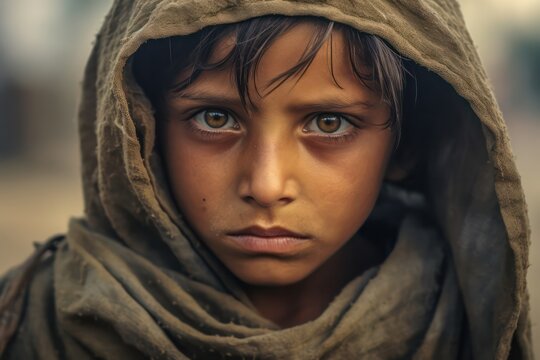 Close-up of poor starving orphan kid slum boy in refugee clothes and eyes full of pain.