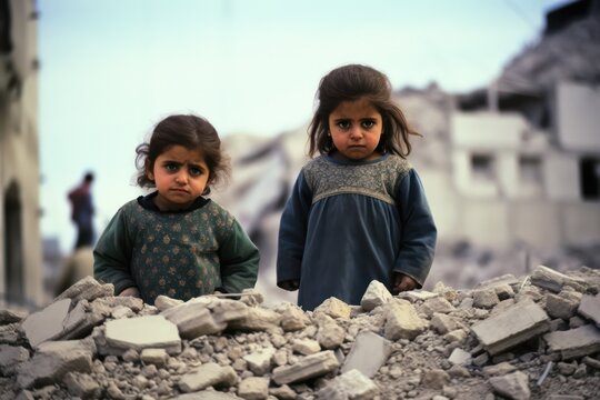 Cry very hard little children poor looking collapse buildings area, Effect from war humanity mankind loss Palestinian and Israel. waste concept.